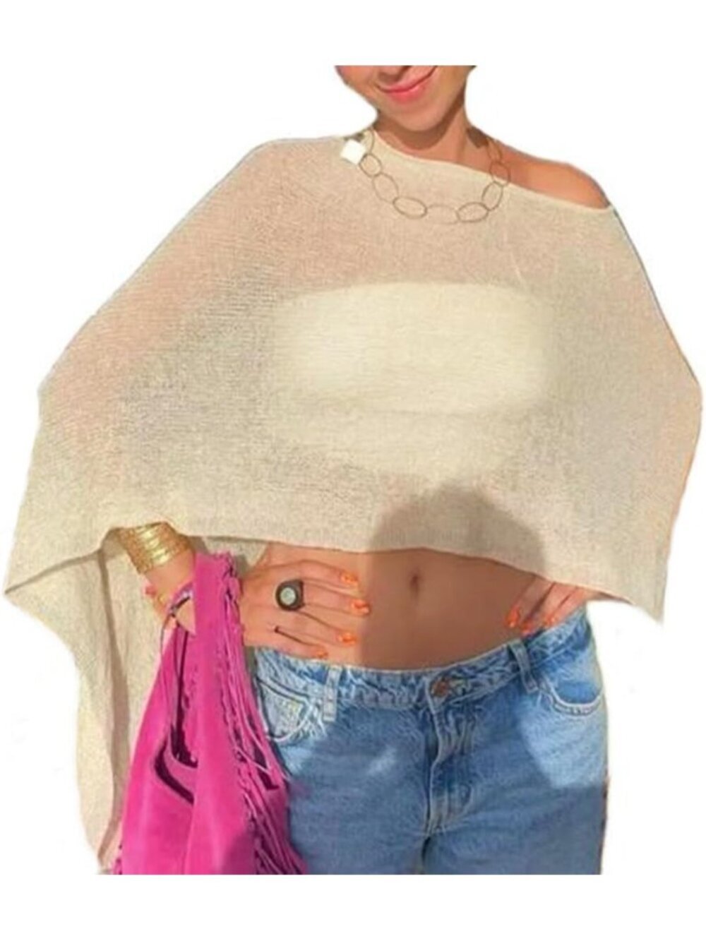 Women's Light Yellow Sheer Poncho Top Knit Crochet Lightweight See Through Shawl